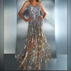 Mac Duggal Strapless Sequin Gown in Silver and Gold